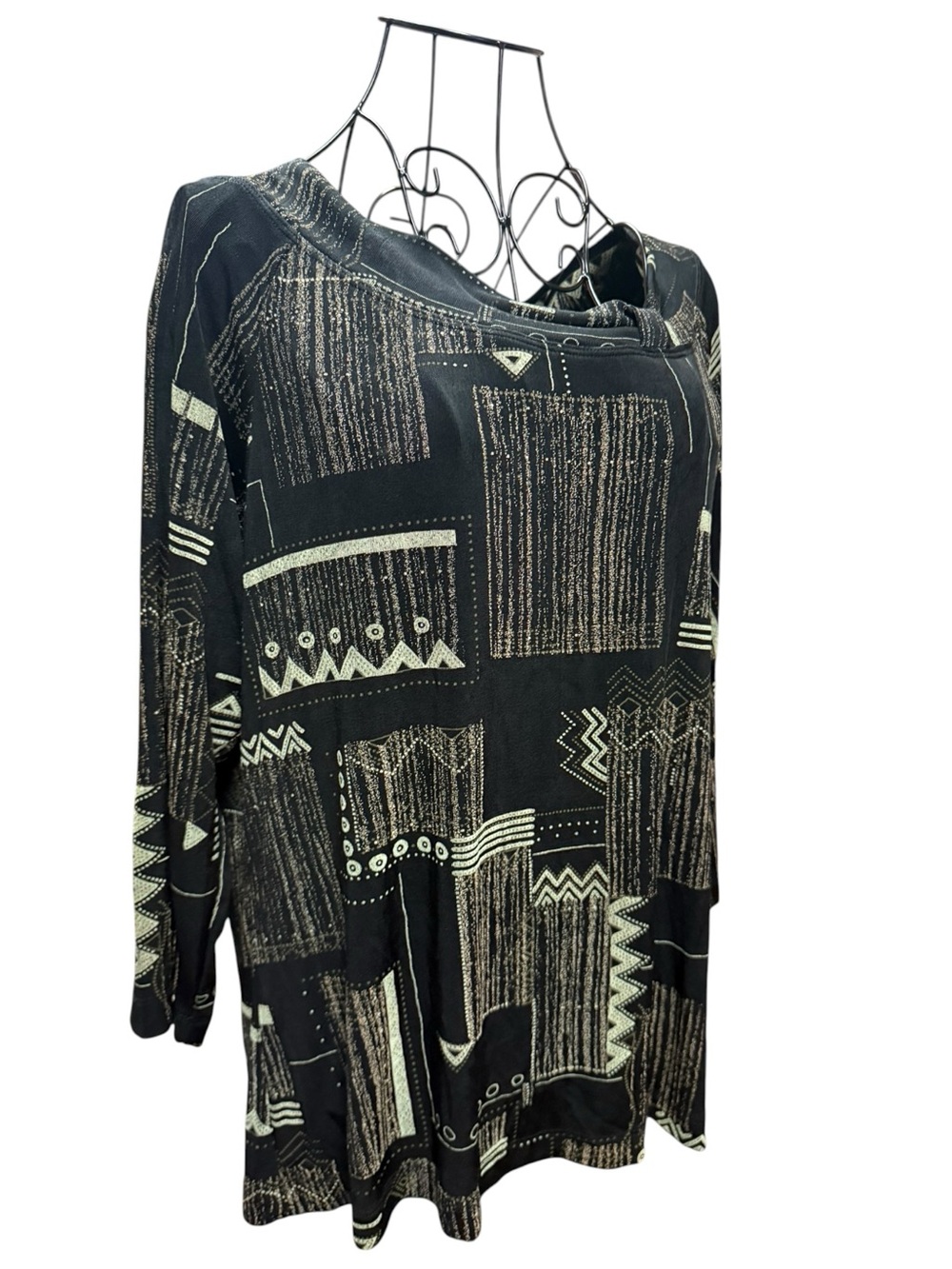 SOFTWEAR Black Lime Green Geometric Print 3/4 sleeve Travel Top XL